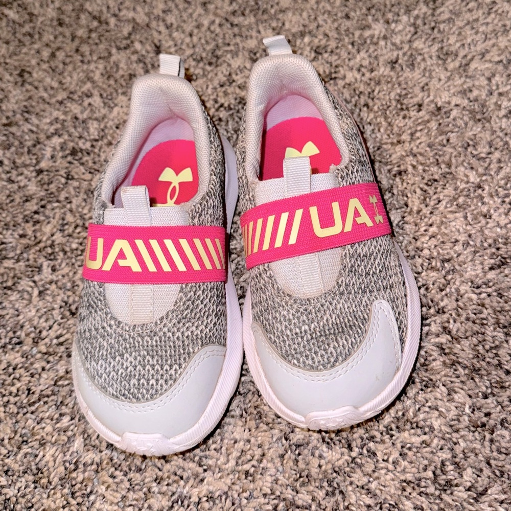 Under Armor Grey & Pink Kids No Lace Sneakers